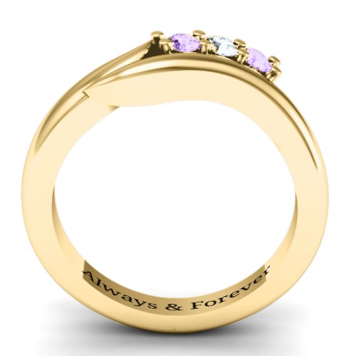 Three Stone Single Bypass Ring – 10K Yellow Gold with Amethyst and Cubic Zirconia