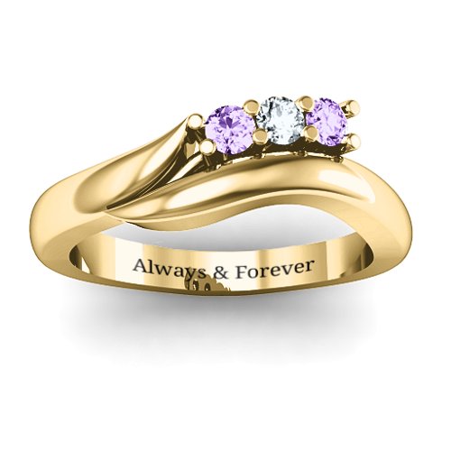 Three Stone Single Bypass Ring – 10K Yellow Gold with Amethyst and Cubic Zirconia