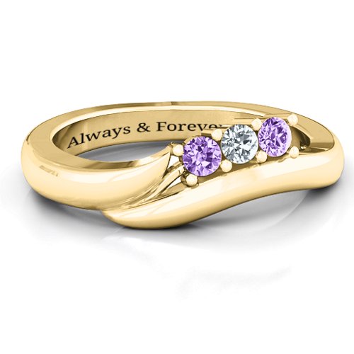 Three Stone Single Bypass Ring – 10K Yellow Gold with Amethyst and Cubic Zirconia