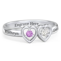 Kissing Hearts Ring in 925 Sterling Silver with Amethyst and Cubic Zirconia