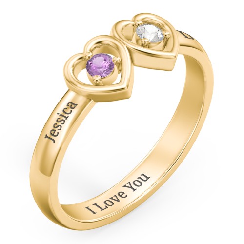 Kissing Hearts Ring – 10K Yellow Gold with Amethyst and Cubic Zirconia