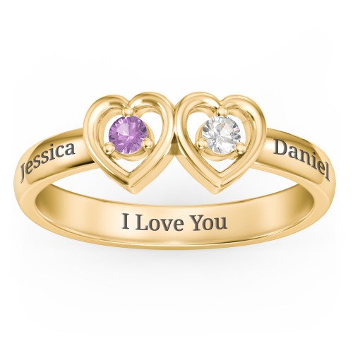 Kissing Hearts Ring – 10K Yellow Gold with Amethyst and Cubic Zirconia