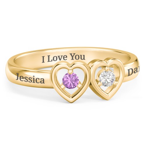 Kissing Hearts Ring – 10K Yellow Gold with Amethyst and Cubic Zirconia