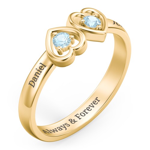 Inverted Kissing Hearts Ring – 18K Gold Plated Silver with Blue Topaz