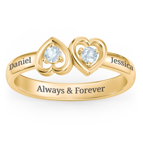 Inverted Kissing Hearts Ring – 18K Gold Plated Silver with Aquamarine