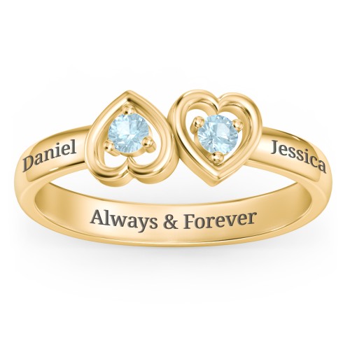 Inverted Kissing Hearts Ring – 18K Gold Plated Silver with Blue Topaz