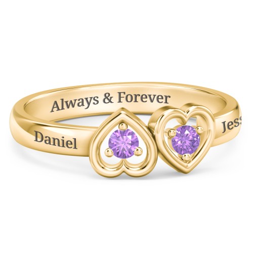 Inverted Kissing Hearts Ring – 18K Gold Plated Silver with Amethyst