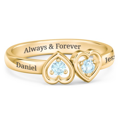 Inverted Kissing Hearts Ring – 18K Gold Plated Silver with Blue Topaz