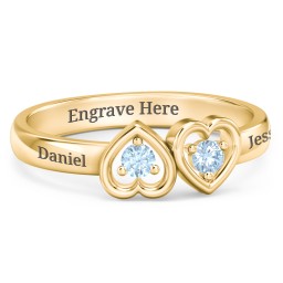 Inverted Kissing Hearts Ring in 18K Gold Plated Silver with Blue Topaz