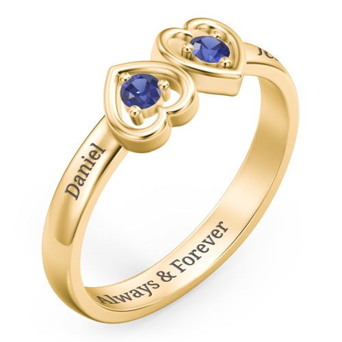 Inverted Kissing Hearts Ring – 18K Gold Plated Silver with Blue Sapphire