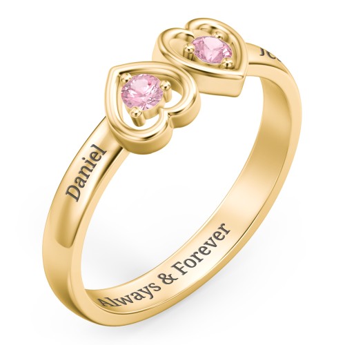 Inverted Kissing Hearts Ring – 18K Gold Plated Silver with Pink Tourmaline