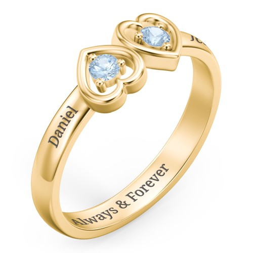 Inverted Kissing Hearts Ring – 18K Gold Plated Silver with Blue Topaz