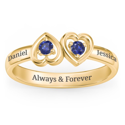 Inverted Kissing Hearts Ring – 18K Gold Plated Silver with Blue Sapphire