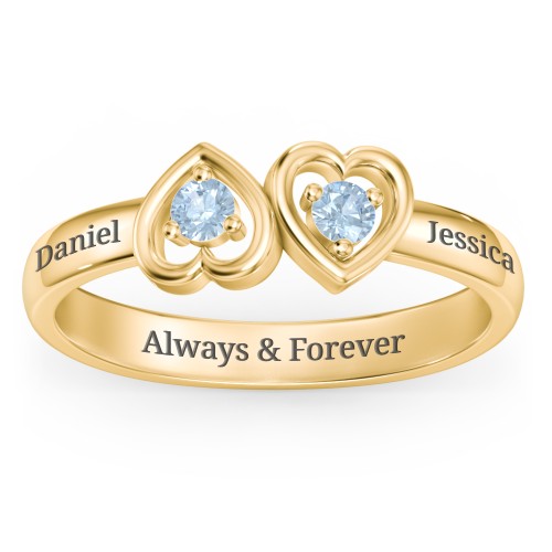 Inverted Kissing Hearts Ring – 18K Gold Plated Silver with Blue Topaz