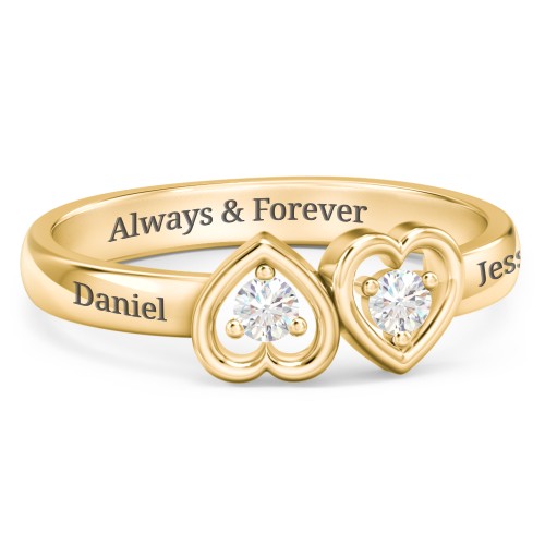Inverted Kissing Hearts Ring – 18K Gold Plated Silver with Diamond