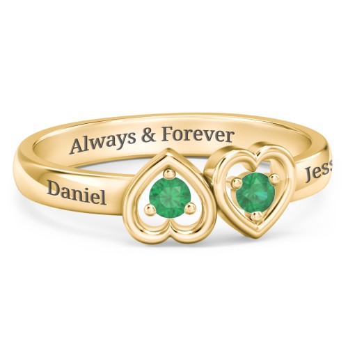 Inverted Kissing Hearts Ring – 18K Gold Plated Silver with Emerald