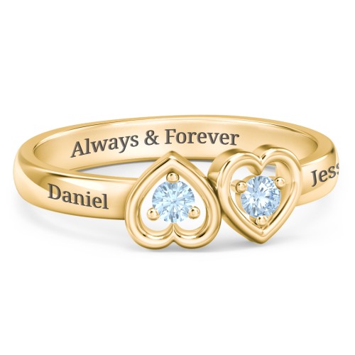 Inverted Kissing Hearts Ring – 18K Gold Plated Silver with Blue Topaz