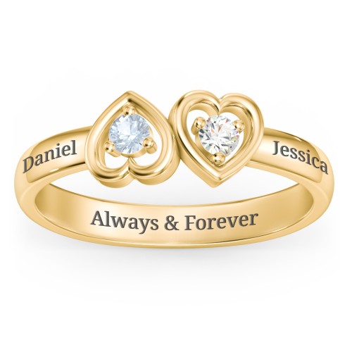 Inverted Kissing Hearts Ring – 10K Yellow Gold with Aquamarine and Cubic Zirconia