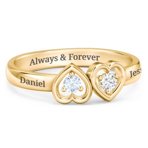Inverted Kissing Hearts Ring – 10K Yellow Gold with Aquamarine and Cubic Zirconia