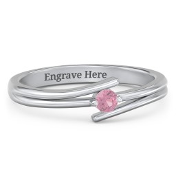 Double Line Bypass Ring in 925 Sterling Silver with Pink Tourmaline and Cubic Zirconia