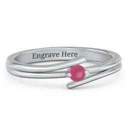 Double Line Bypass Ring in 925 Sterling Silver with Ruby and Cubic Zirconia