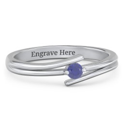 Double Line Bypass Ring in 925 Sterling Silver with Blue Sapphire and Cubic Zirconia