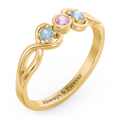 Twin Hearts with Center Bezel Ring – 10K Yellow Gold with Pink Tourmaline and Blue Topaz