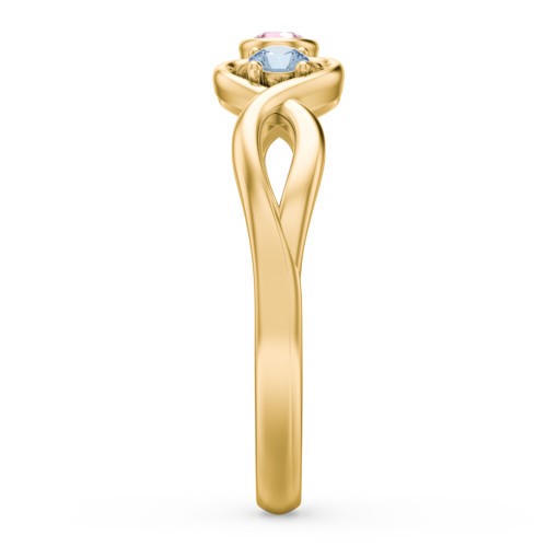 Twin Hearts with Center Bezel Ring – 10K Yellow Gold with Pink Tourmaline and Blue Topaz