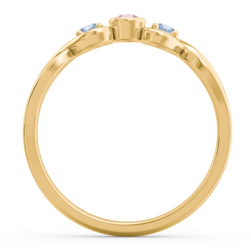 Twin Hearts with Center Bezel Ring – 10K Yellow Gold with Pink Tourmaline and Blue Topaz