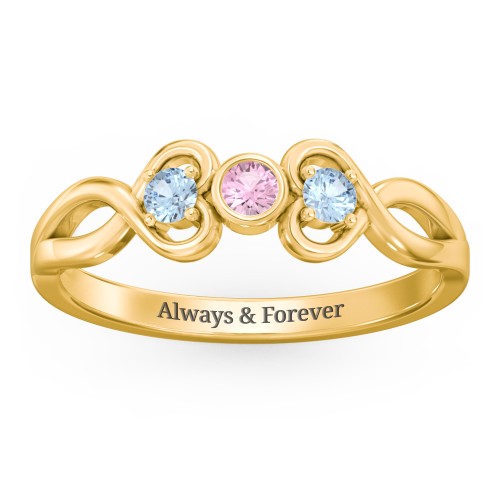 Twin Hearts with Center Bezel Ring – 10K Yellow Gold with Pink Tourmaline and Blue Topaz
