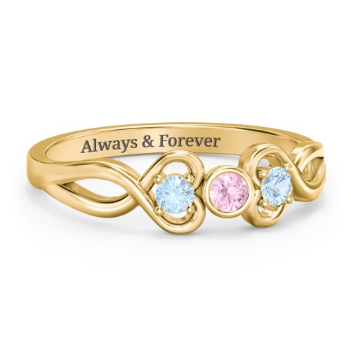 Twin Hearts with Center Bezel Ring – 10K Yellow Gold with Pink Tourmaline and Blue Topaz