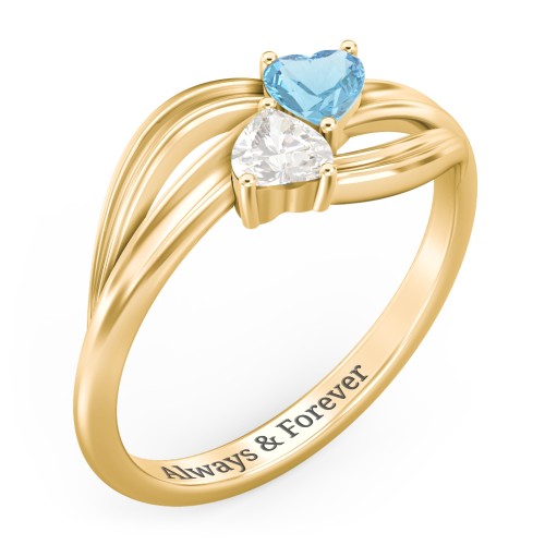 A "Couple" of Hearts Ring – 10K Yellow Gold with Blue Topaz and Cubic Zirconia