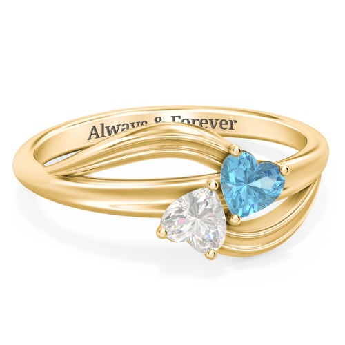 A "Couple" of Hearts Ring – 10K Yellow Gold with Blue Topaz and Cubic Zirconia