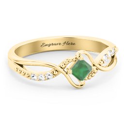 Solitaire Princess Cut Ring with Twisted Split Shank and Accents in 18K Gold Plated Silver with Emerald