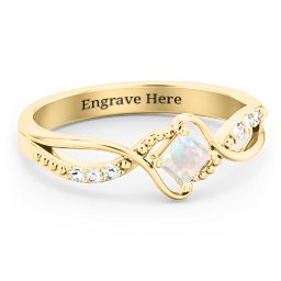 Solitaire Princess Cut Ring with Twisted Split Shank and Accents in 18K Gold Plated Silver with Opal