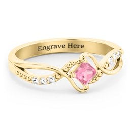 Solitaire Princess Cut Ring with Twisted Split Shank and Accents in 18K Gold Plated Silver with Pink Tourmaline