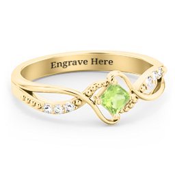 Solitaire Princess Cut Ring with Twisted Split Shank and Accents in 18K Gold Plated Silver