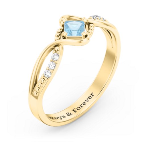 Solitaire Princess Cut Ring with Twisted Split Shank and Accents – 18K Gold Plated Silver with Blue Topaz and Cubic Zirconia