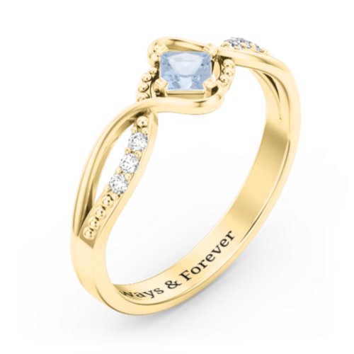 Solitaire Princess Cut Ring with Twisted Split Shank and Accents – 18K Gold Plated Silver with Aquamarine and Cubic Zirconia