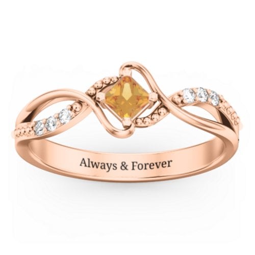 Solitaire Princess Cut Ring with Twisted Split Shank and Accents