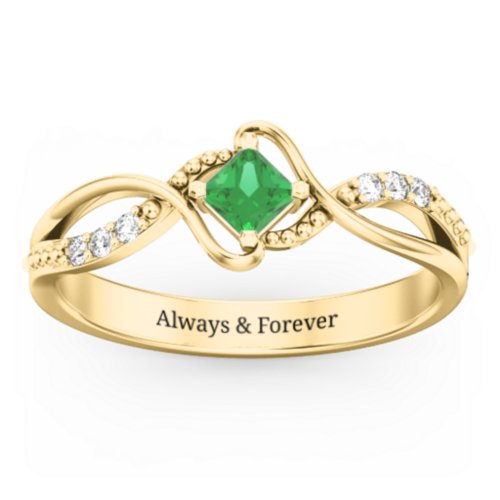 Solitaire Princess Cut Ring with Twisted Split Shank and Accents – 10K Yellow Gold with Emerald and Cubic Zirconia