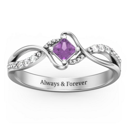 Solitaire Princess Cut Ring with Twisted Split Shank and Accents – Sterling Silver with Amethyst and Cubic Zirconia