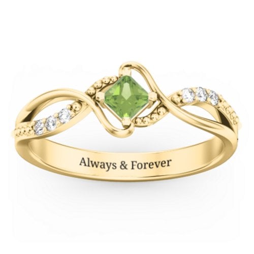 Solitaire Princess Cut Ring with Twisted Split Shank and Accents