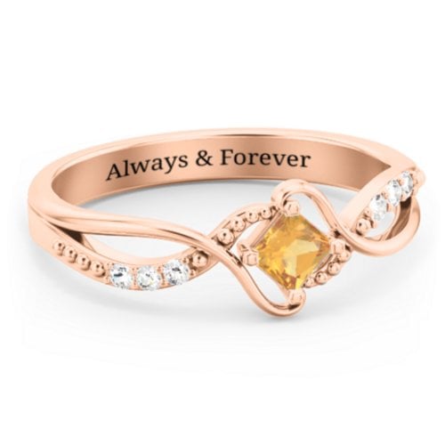 Solitaire Princess Cut Ring with Twisted Split Shank and Accents