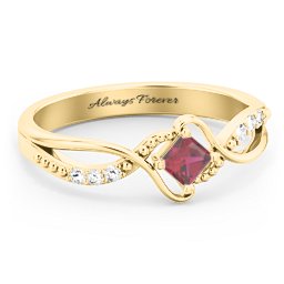 Solitaire Princess Cut Ring with Twisted Split Shank and Accents in 18K Gold Plated Silver with Ruby