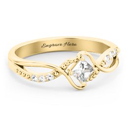 Solitaire Princess Cut Ring with Twisted Split Shank and Accents in 18K Gold Plated Silver with Cubic Zirconia