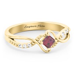 Solitaire Princess Cut Ring with Twisted Split Shank and Accents in 18K Gold Plated Silver with Ruby
