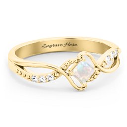 Solitaire Princess Cut Ring with Twisted Split Shank and Accents in 18K Gold Plated Silver with Opal