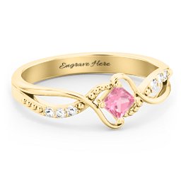 Solitaire Princess Cut Ring with Twisted Split Shank and Accents in 18K Gold Plated Silver with Pink Tourmaline