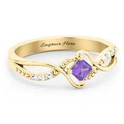 Solitaire Princess Cut Ring with Twisted Split Shank and Accents in 18K Gold Plated Silver with Amethyst